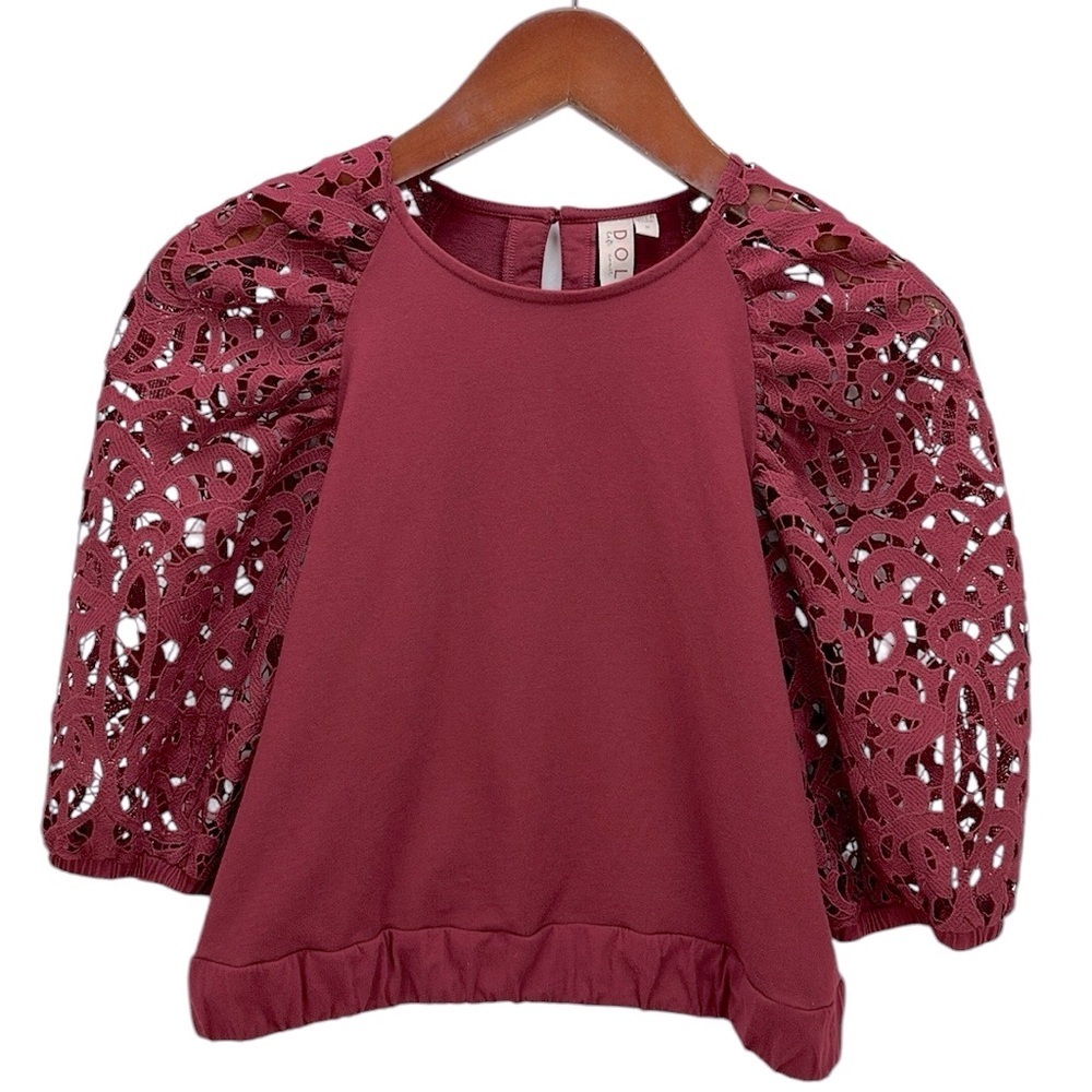 Dolan Burgundy‎ Lace Puff Sleeve Top Medium